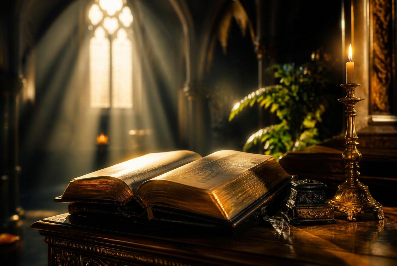 Golden morning light falling across an open devotional book